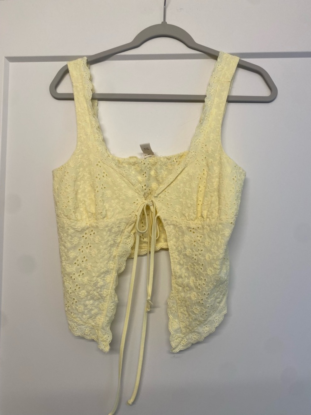 Butter Yellow Eyelet Lace Tie-Front Tank Top